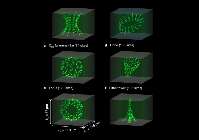 Images de matrices « d’atomes de Rydberg » organisés en 3D, reproduisant différentes formes. Chaque point vert correspond au signal de fluorescence d’un atome unique.